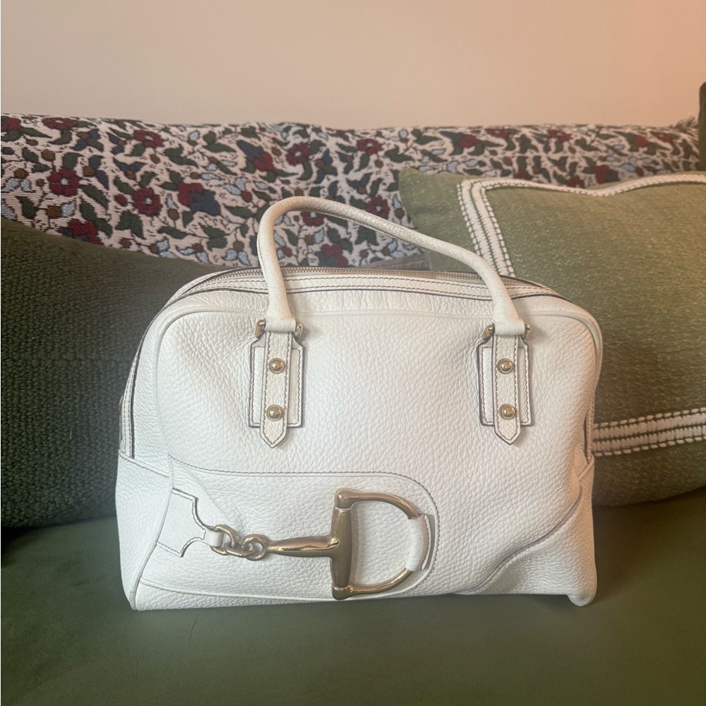 White Gucci Leather Hasler Boston Bag
